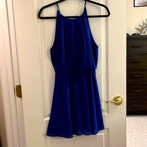 Royal blue mini dress, high neck with silver button on the back to close